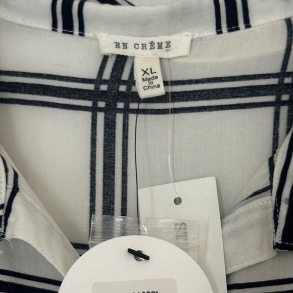 En Creme Button Down WindowPane Blouse Tunic White Black XL Brand New Light - Picture 2 of 5